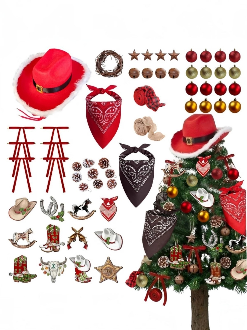 Red & Black Western Holiday Ornament Set. 46 Pieces. NWT.